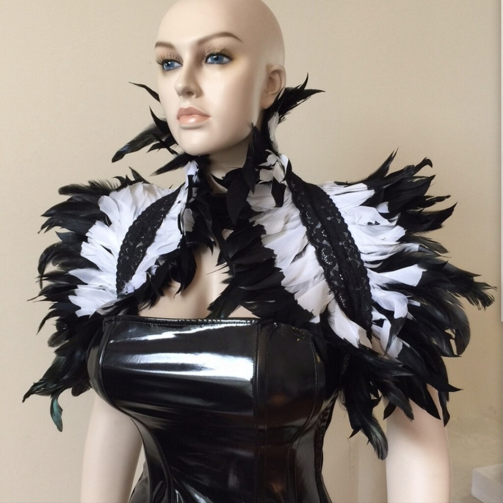 Goth black and white feather and lace wrap shrug